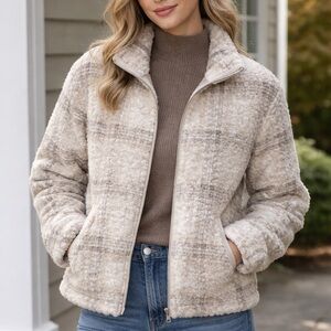 Workshop Republic Clothing Beige and Brown Plaid Teddy Jacket